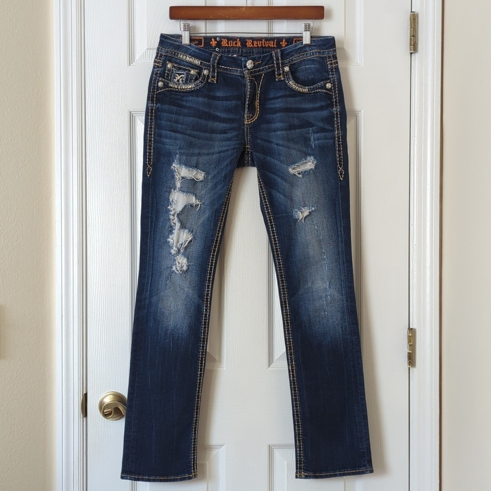 Rock Revival Karla Distressed Dark Wash Low Rise Slim Fit Straight Leg Jeans 29
